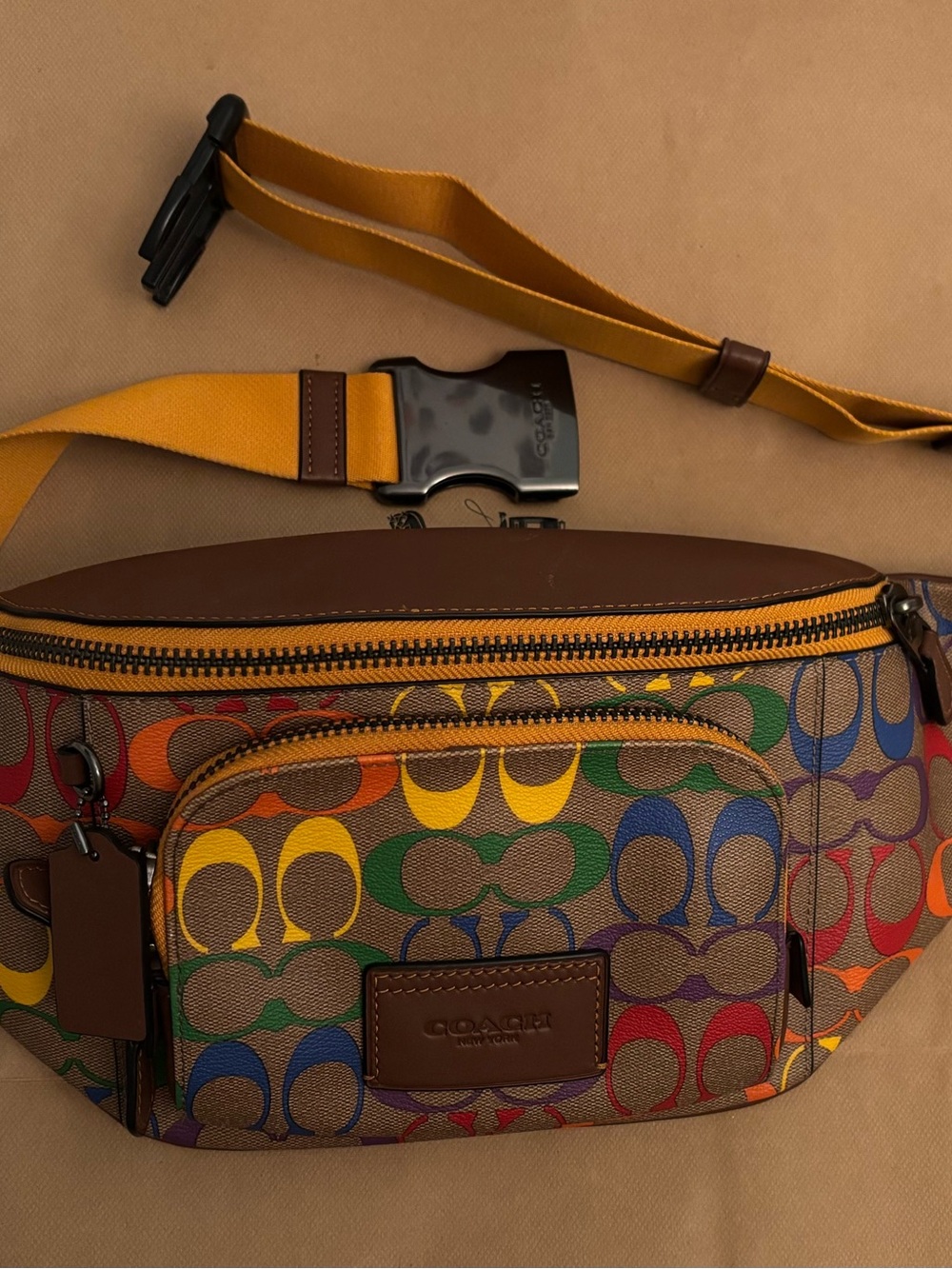 Coach Rainbow Signature Canvas Belt Bag with Yellow Strap